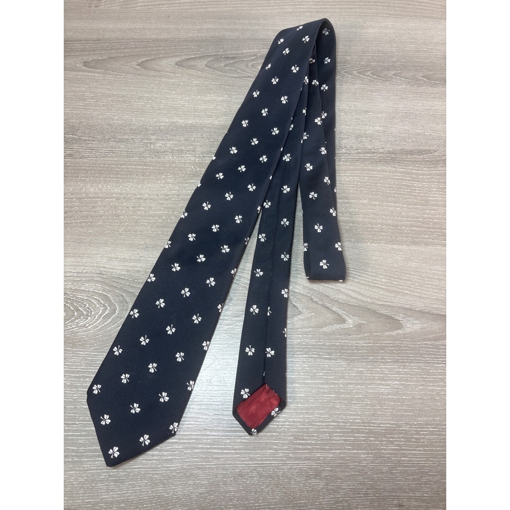 Hortex Navy Blue Clover Print Necktie 100 Polyester‎ Made in Ireland